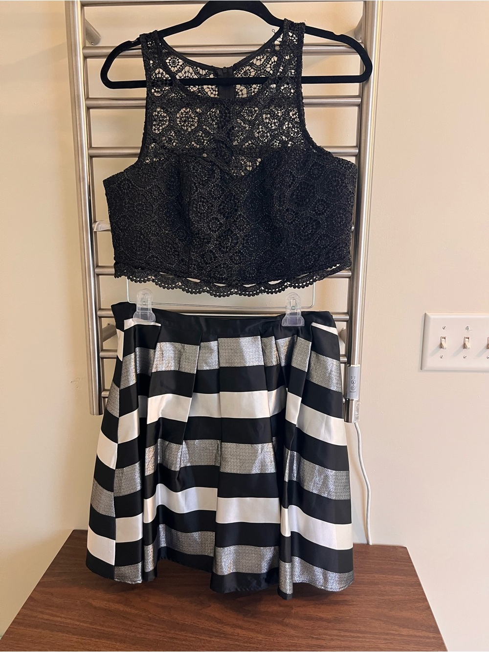 My Michelle Juniors 2-Pc Lace Tank & Striped Skirt Black/Silver/White size 15